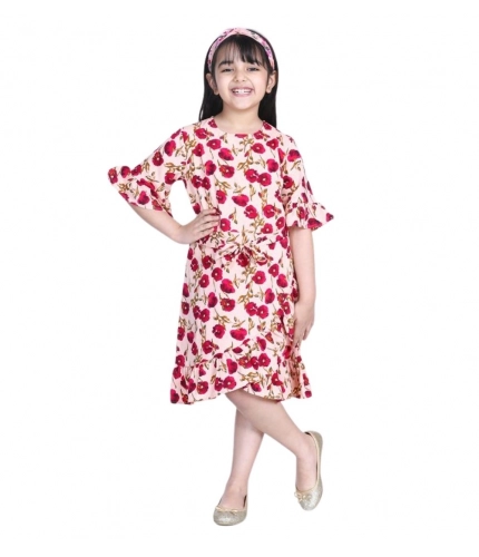 Girl's Polyester Crepe Floral Bell Sleeve Dress (Red-Pink)