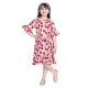 Girl's Polyester Crepe Floral Bell Sleeve Dress (Red-Pink)