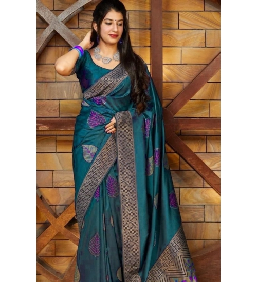 Women's Litchi silk Printed Saree With Unstitched Blouse (Rama Blue)