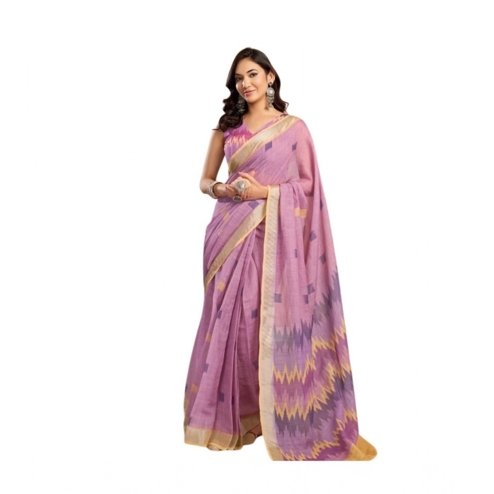Women's Linen Cotton Printed Ready To Wear Saree With Unstitched Blouse 5.5 Mtr (Lavender)