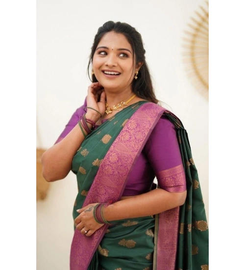 Women's Litchi silk Printed Saree With Unstitched Blouse (Green)