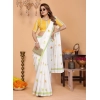 Women's Linen Cotton Printed Saree With Unstitched Blouse 5.5Mtr (White)