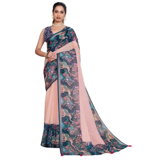 Women's Linen Floral Printed Saree With Unstitched Blouse 5.5Mtr (Peach Pink) Women's Linen Floral Printed Saree With Unstitched Blouse 5.5Mtr (Peach Pink)