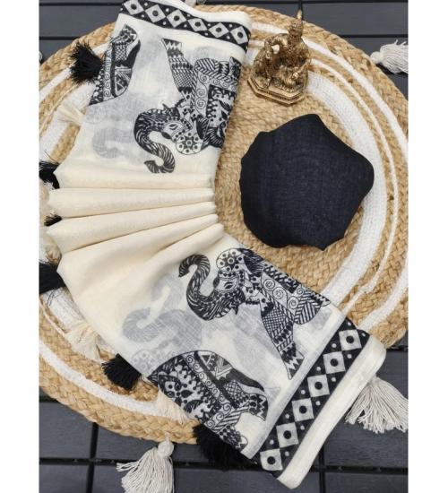 Women's Linen Cotton Printed Saree With Unstitched Blouse 5.5Mtr (Cream &amp; Black)