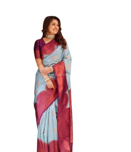 Women's Soft Lichi Silk Printed Saree With Unstitched Blouse 5.5Mtr (Light-Blue)