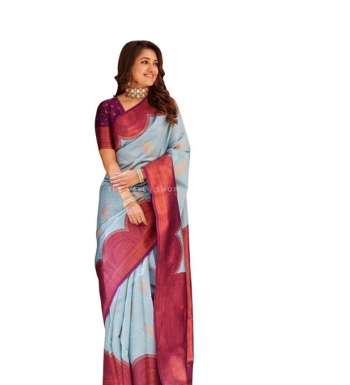 Women's Soft Lichi Silk Printed Saree With Unstitched Blouse 5.5Mtr (Light-Blue)