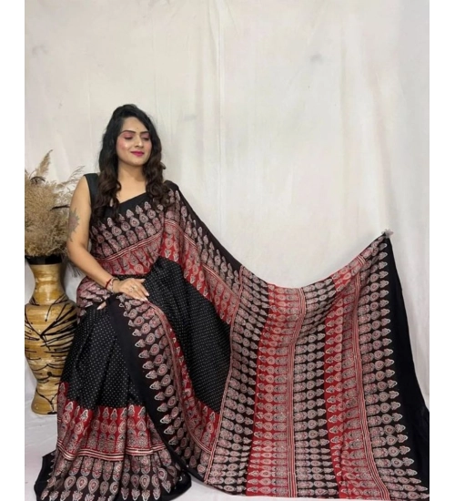 Women's Satin Printed Saree With Unstitched Blouse 5.5Mtr (Black)