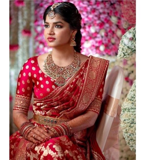 Women's Litchi silk Printed Saree With Unstitched Blouse (Red)