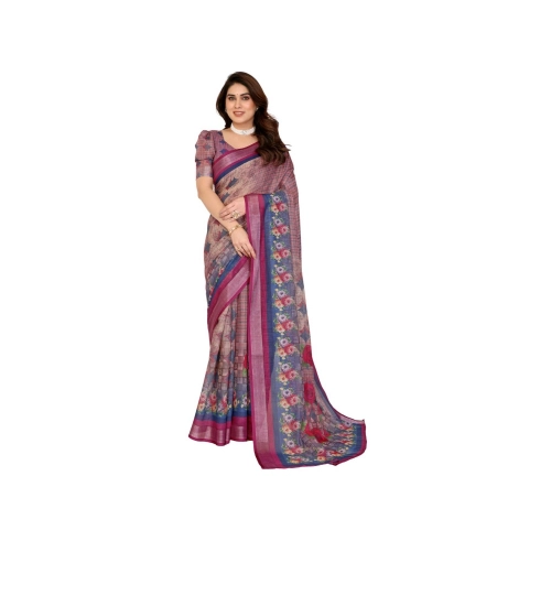 Women's Linen Cotton  Printed Saree With Unstitched Blouse 5.5Mtr (Wine )