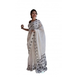 Women's Soft Lilan Printed Saree With Unstitched Blouse 5.5Mtr (White)