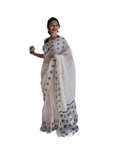 Women's Soft Lilan Printed Saree With Unstitched Blouse 5.5Mtr (White)