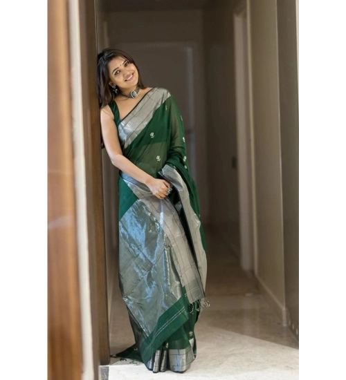 Women's Soft Lichi Silk Printed Saree With Unstitched Blouse 5.5Mtr (Green)