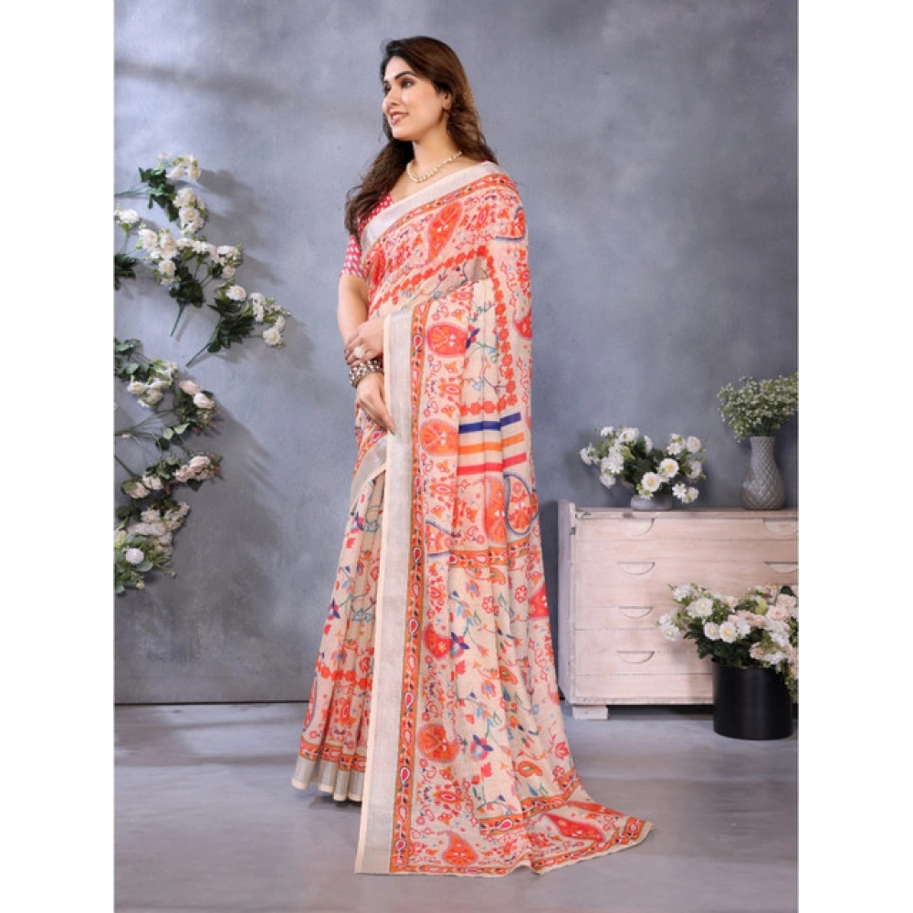 Women's Linen Cotton  Printed Saree With Unstitched Blouse 5.5Mtr (Orange )