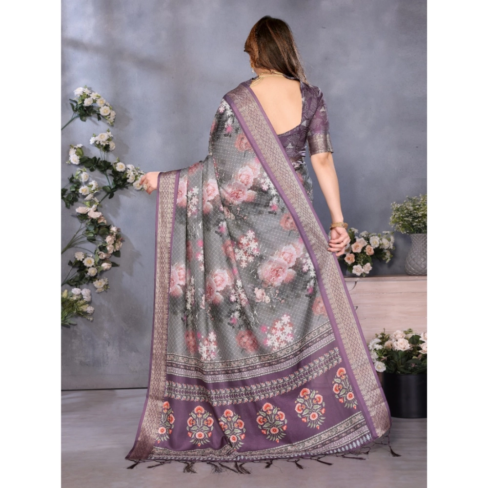 Women's Cotton Silk  Printed Saree With Unstitched Blouse 5.5Mtr (Wine )