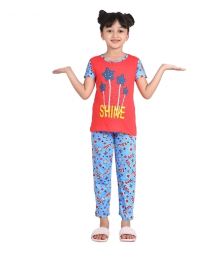 Girl's Cotton Hosiery Printed Night Suit Set (Red-Blue)