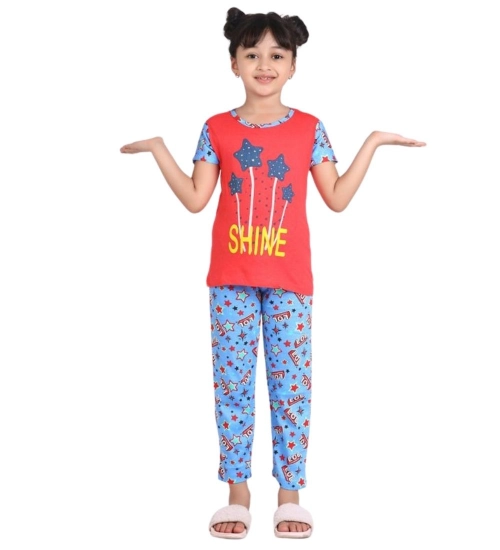 Girl's Cotton Hosiery Printed Night Suit Set (Red-Blue) Girl's Cotton Hosiery Printed Night Suit Set (Red-Blue)