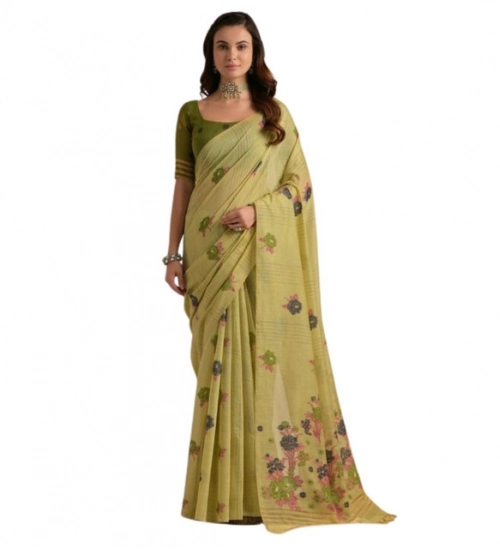 Women's Blended_Cotton Floral Motifs And Woven Buttas Saree With Unstitched Blouse 5.5Mtr (Light_Green)