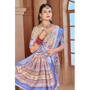 Generic Women's Printed Cotton Linen Saree withPrinted  Saree With Unstitched Blouse (Beige, 5-6Mtrs)