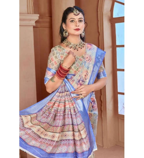 Women's Printed Cotton Linen Saree withPrinted  Saree With Unstitched Blouse (Beige, 5-6Mtrs)