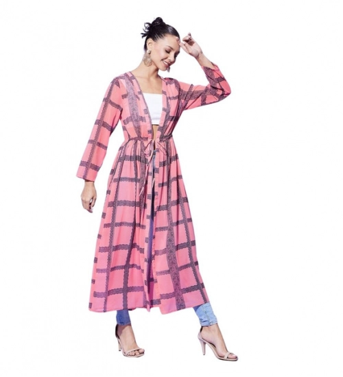 Women's Polyester Check Long Sleeves Shrug (Pink)