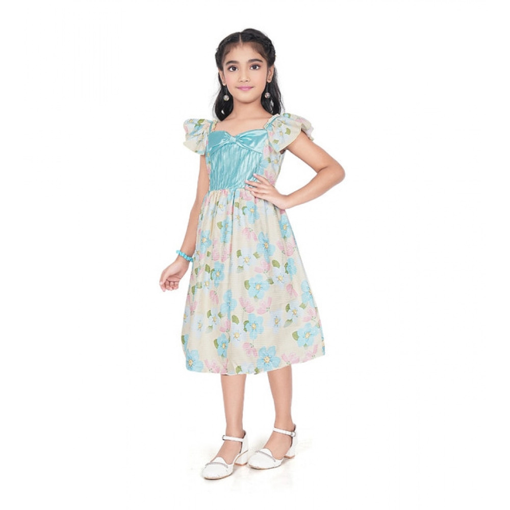 Girl's Popcorn Printed Short Sleeve Squre Neck Dress (Sky Blue)