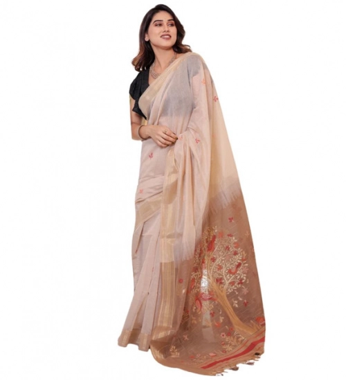 Women's Blended_Cotton Woven_Motifs Saree With Unstitched Blouse 5.5Mtr (Light_Beige)