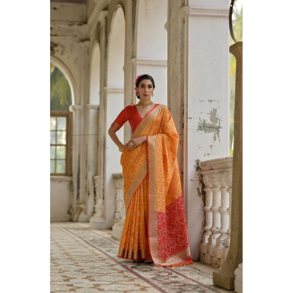 Women's Silk_Blend Ethnic Ikat Pattern Saree With Unstitched Blouse 5.5Mtr (Mustard) Women's Silk_Blend Ethnic Ikat Pattern Saree With Unstitched Blouse 5.5Mtr (Mustard)