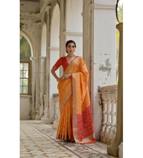 Women's Silk_Blend Ethnic Ikat Pattern Saree With Unstitched Blouse 5.5Mtr (Mustard)