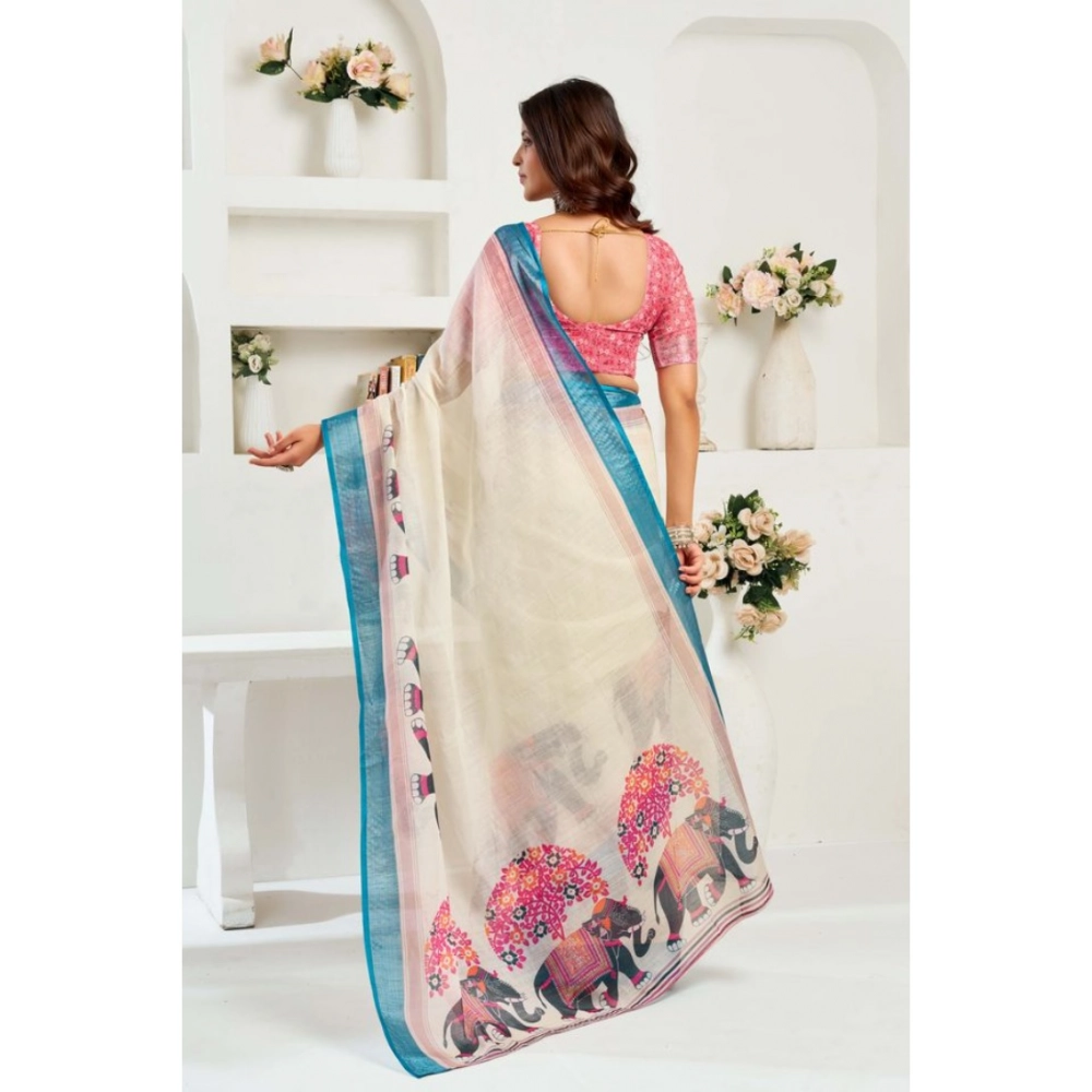 Women's Linen Cotton Printed Ready To Wear Saree With Unstitched Blouse 5.5 Mtr (Cream)