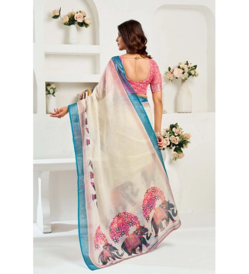 Women's Linen Cotton Printed Ready To Wear Saree With Unstitched Blouse 5.5 Mtr (Cream)
