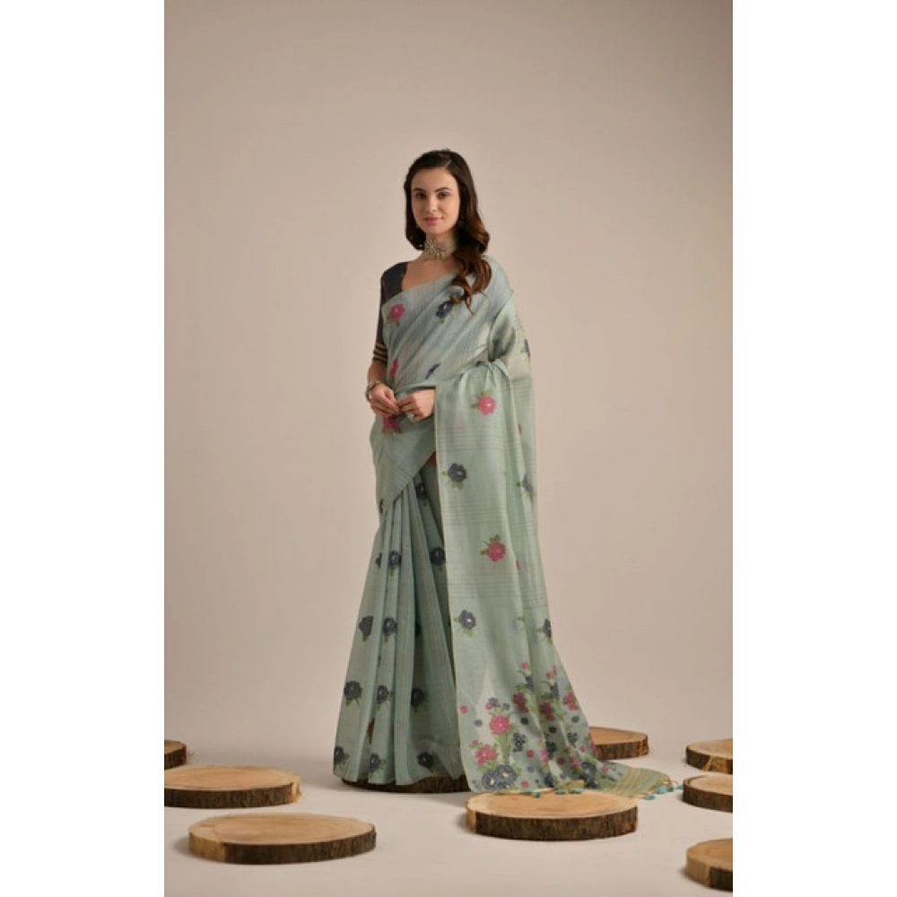 Women's Blended_Cotton Floral Motifs And Woven Buttas Saree With Unstitched Blouse 5.5Mtr (Teal)