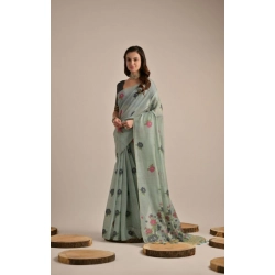 Women's Blended_Cotton Floral Motifs And Woven Buttas Saree With Unstitched Blouse 5.5Mtr (Teal)