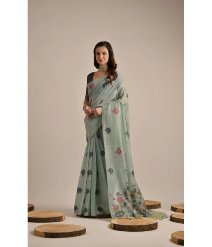 Women's Blended_Cotton Floral Motifs And Woven Buttas Saree With Unstitched Blouse 5.5Mtr (Teal)