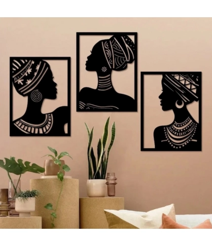 African Elegance Wooden Wall Decor – Set of 3 Panels (Black)