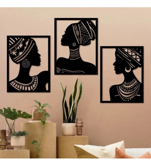 African Elegance Wooden Wall Decor – Set of 3 Panels (Black)