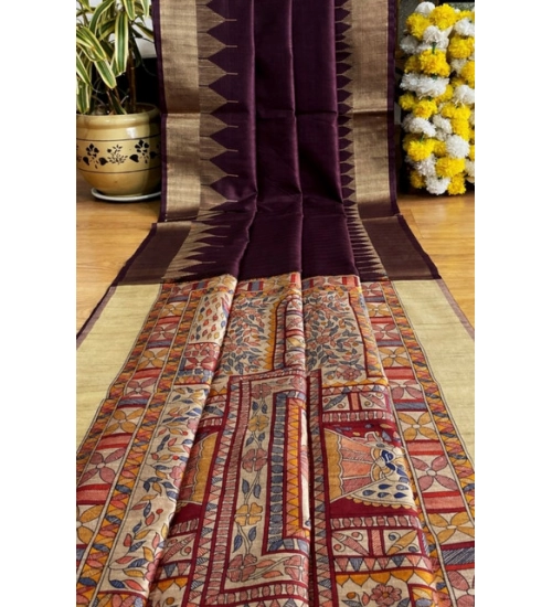Women's Tussar Silk Madhubani Saree With Unstitched Blouse 5.5Mtr (Coffee)