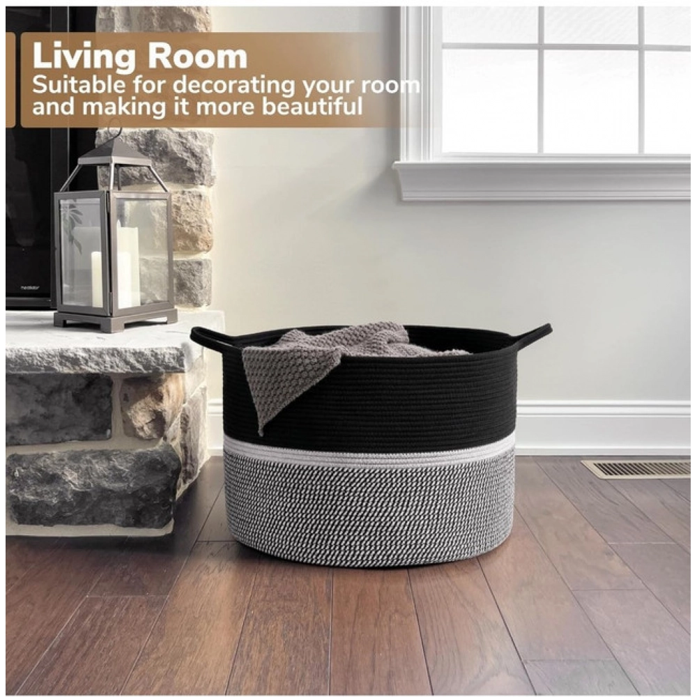 Cotton Dori 16x14 Inch Storage Basket For Clothes (Black-Black White)