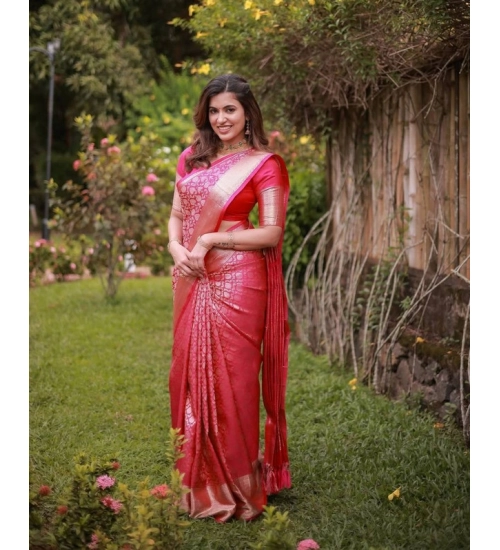 Women's Soft Lichi Silk Printed Saree With Unstitched Blouse 5.5Mtr (Pink)