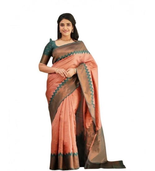 Women's Soft Lichi Silk Printed Saree With Unstitched Blouse 5.5Mtr (Peach)