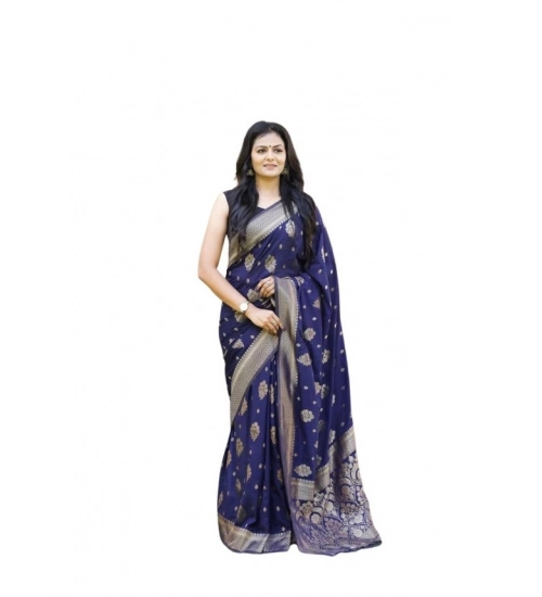 Women's Soft Lichi Silk Printed Saree With Unstitched Blouse 5.5Mtr (Navy Blue)