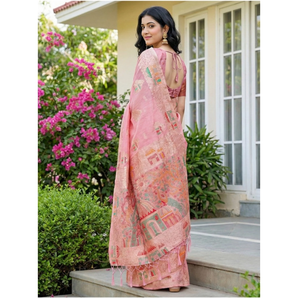 Women's Linen Cotton Printed Saree With Unstitched Blouse 5.5Mtr (Pink) Women's Linen Cotton Printed Saree With Unstitched Blouse 5.5Mtr (Pink)