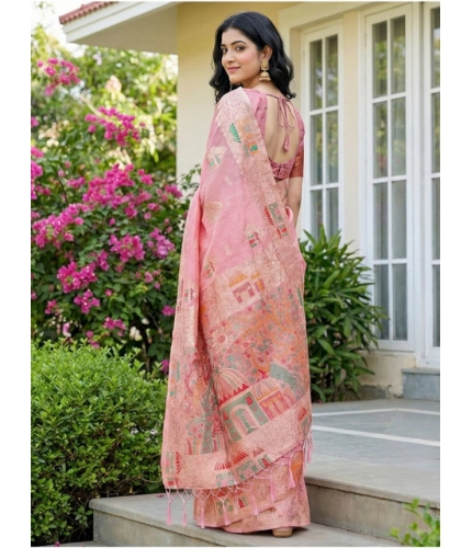 Women's Linen Cotton Printed Saree With Unstitched Blouse 5.5Mtr (Pink)