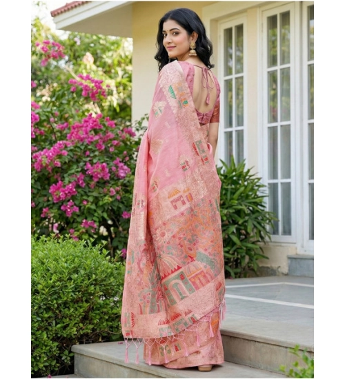Women's Linen Cotton Printed Saree With Unstitched Blouse 5.5Mtr (Pink)