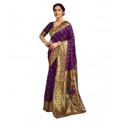 Women's Silk Blend Zari Weaving Saree With Unstitched Blouse 5.5Mtr (Purple)
