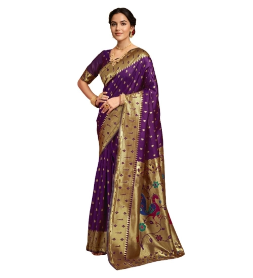 Women's Silk Blend Zari Weaving Saree With Unstitched Blouse 5.5Mtr (Purple)