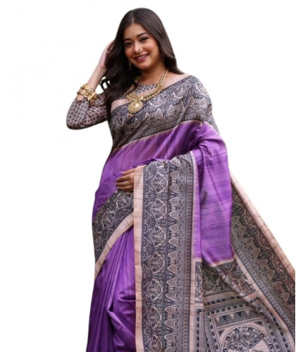 Women's Faux_Tussar Ethnic_Print Saree With Unstitched Blouse 5.5Mtr (Purple)