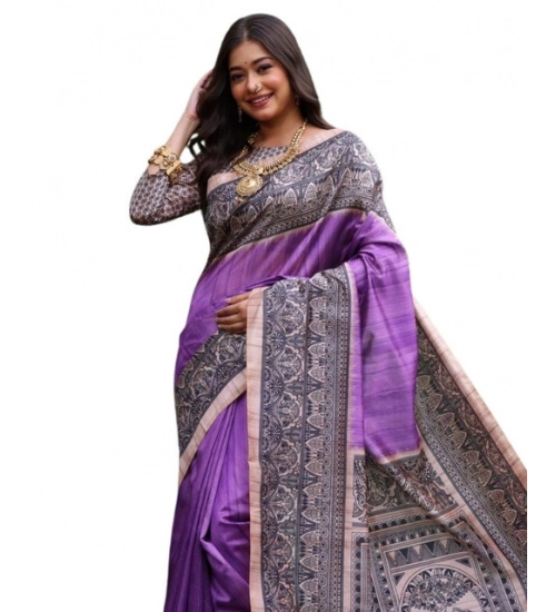 Women's Faux_Tussar Ethnic_Print Saree With Unstitched Blouse 5.5Mtr (Purple)