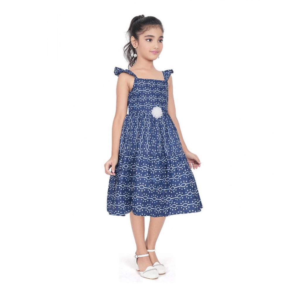 Girl's Cotton Printed Sleeve Less Squre Neck Dress (Navy Blue)