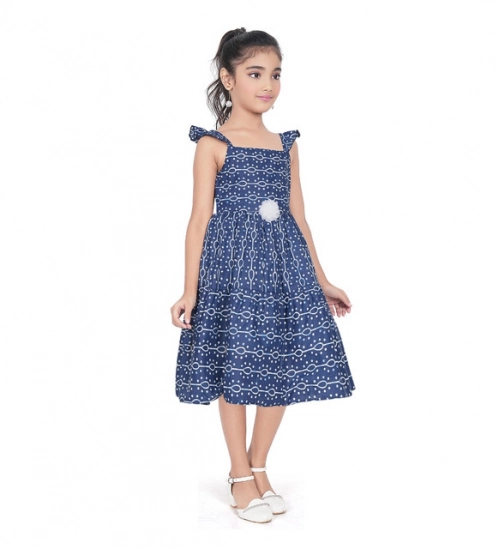 Girl's Cotton Printed Sleeve Less Squre Neck Dress (Navy Blue) Girl's Cotton Printed Sleeve Less Squre Neck Dress (Navy Blue)