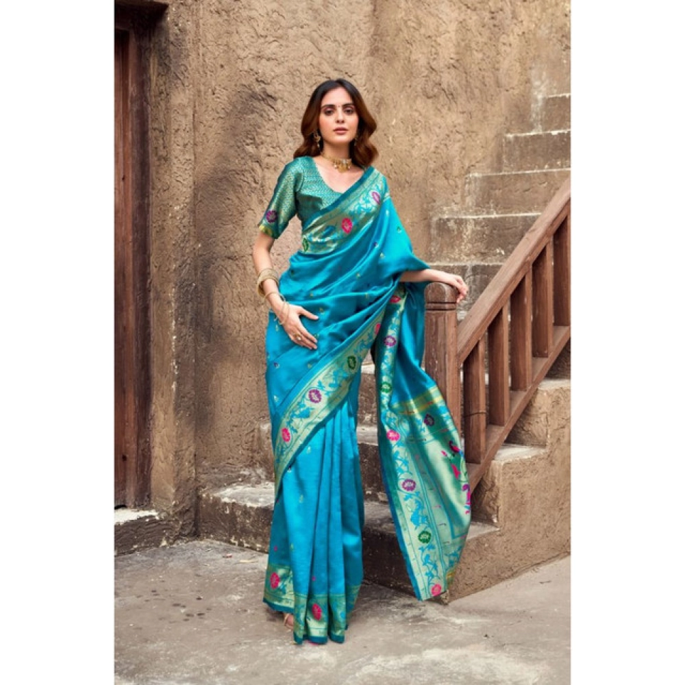 Women's Silk Blend Woven Saree With Unstitched Blouse 5.5 Mtr (Aqua_Blue)